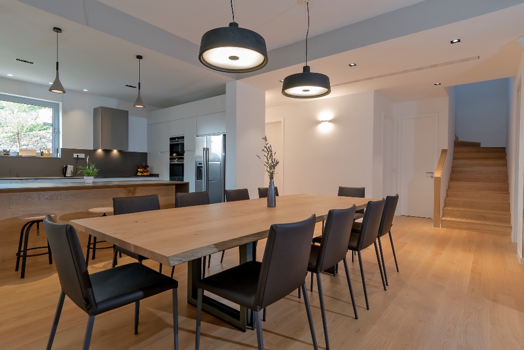 Modern kitchen with large dining area