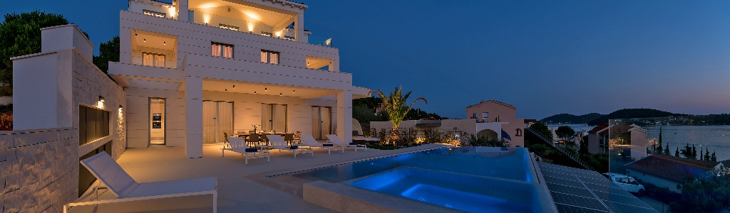 Villa exterior in the evening
