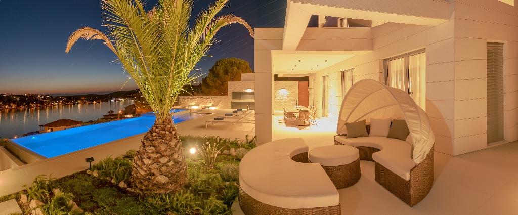 Villa terrace at night with lighting